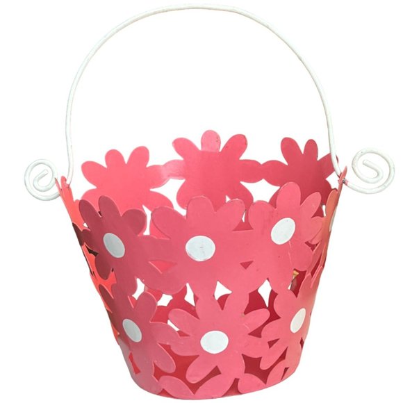 RARE: Vtg Metal Cut-out Daisy Basket Pink White Handle Phillipines Spring Easter - Picture 2 of 8